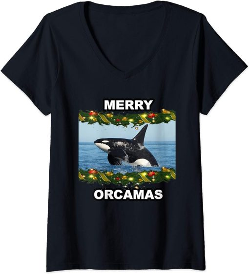 Womens UGLY CHRISTMAS XMAS AND KILLER WHALE ORCA GIFTS V-Neck T-Shirt