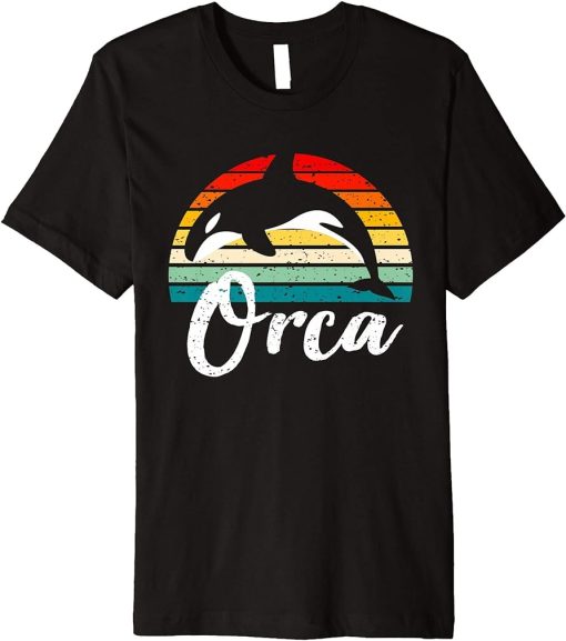 Mens Vintage Retro Orca Sunset Fun Killer Whale Gift For Fans Premium T-Shirt