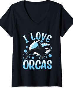 Womens I Love Orcas Protect Sea Orca Whale V-Neck T-Shirt